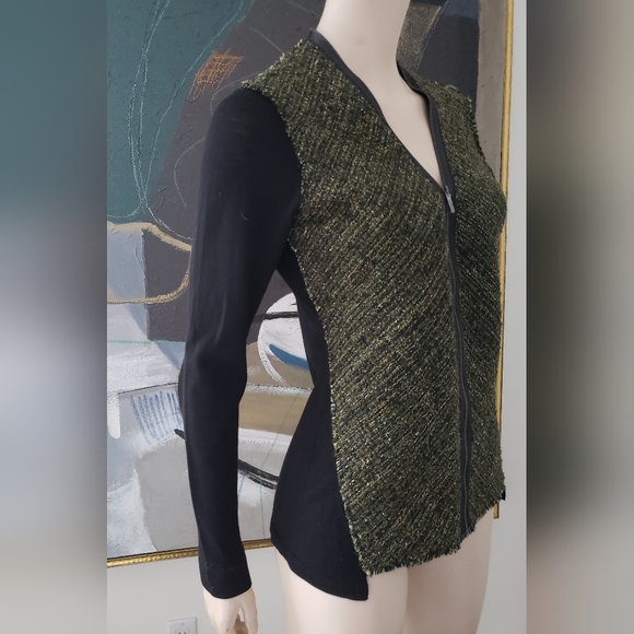 Elie Tahari | Tweed and Merino Zip-front Sweater - Picture 3 of 9